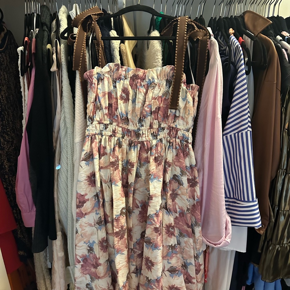 Floral Print Dress with Brown Straps